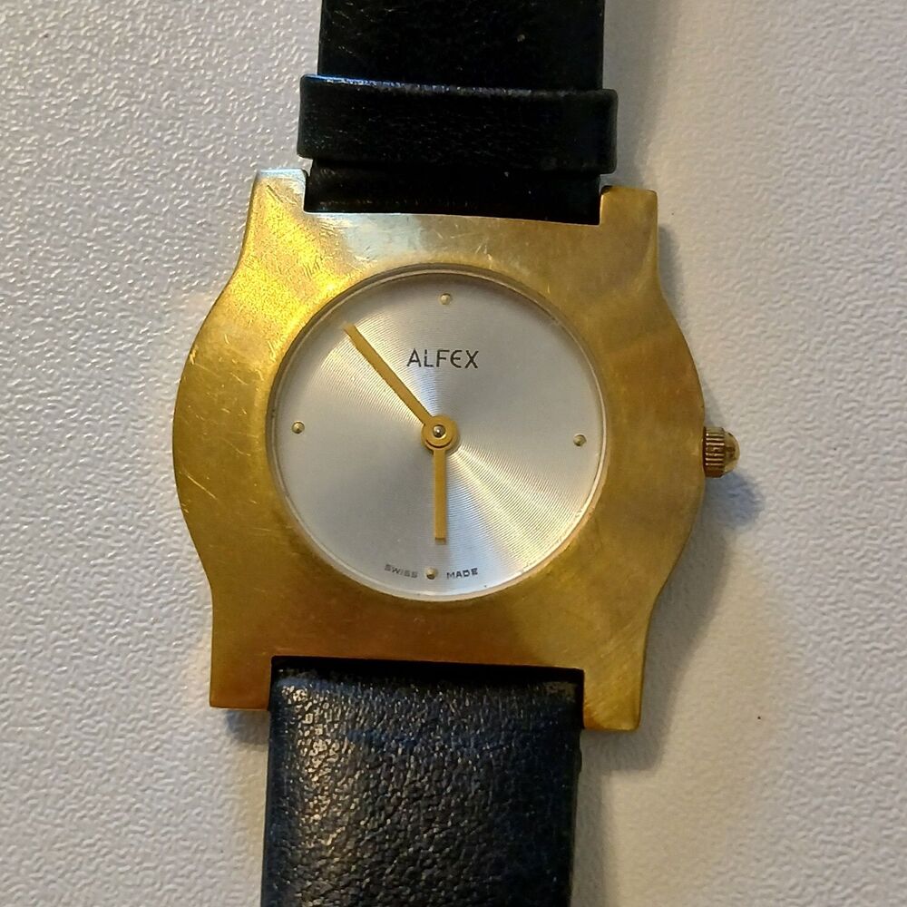 VTG 90s Alfex Swiss Made Gold Tone Quartz 5239 Watch Black Leather Strap 30mm